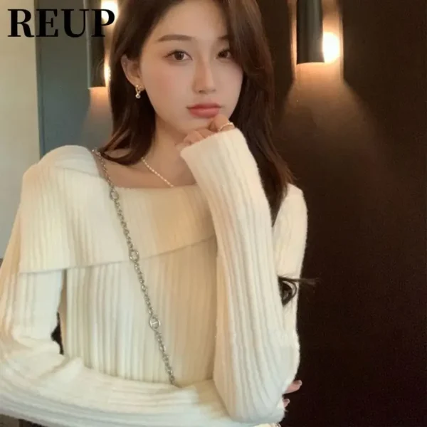Slash Neck Slim Knitting Pullovers Women Autumn Winter Sexy Off Shoulder Solid Color Sweater Fashion All-match Knitwear Tops - Image 2