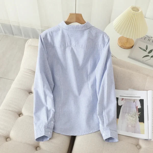 Casual Cotton Women's Oxford Shirt 2024 Autumn New Good Quality Woman Blouse and Tops Lady White Blue Striped Shirts Clothes - Image 3