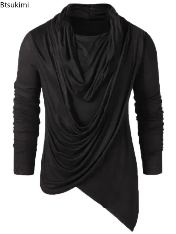 New 2025 Men's Spring Autumn T-shirt Trendy Asymmetrical Man Elastic Solid Slim Bottoming Tops Pullover Retro Streetwear for Men