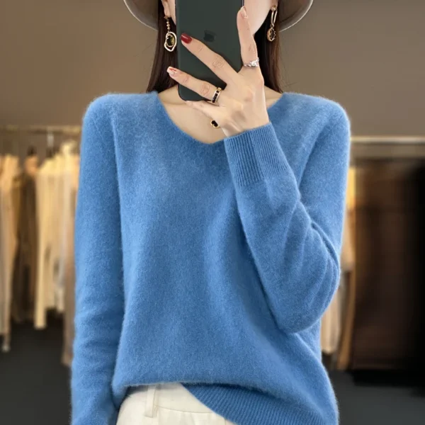 100% pure wool cashmere sweater women's V-neck pullover casual knit top autumn and winter women's coat Korean fashion - Image 5