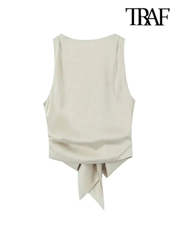 TRAF Women Sexy Fashion With Tied Satin Back Open Crop Blouses O Neck Sleeveless Female Shirts Blusas Chic Tops - Image 2