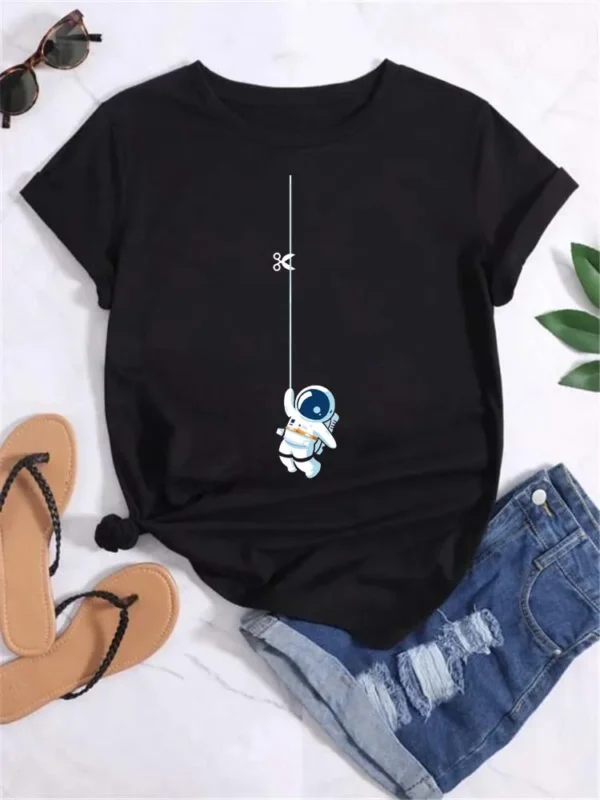 Maycaur T Shirt Women Moon Planet Print Fashion Tee Shirts Casual Round Neck Short Sleeve Streetwear Female T-Shirt Vintage Tops - Image 4