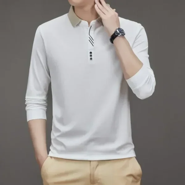 Men's Long Sleeve Turn-down Collar Waffle T-shirt Business Casual Polo Shirt Tee - Image 5