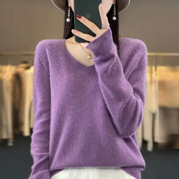 100% pure wool cashmere sweater women's V-neck pullover casual knit top autumn and winter women's coat Korean fashion - Image 6