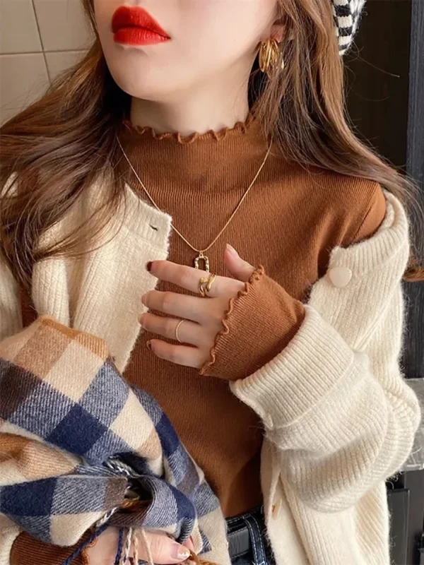 2024 Autumn Winter Sweater Women Knitted Ribbed Pullover Korea Long Sleeve Ruffles Turtleneck Slim Jumper Soft Warm Pull Femme - Image 5