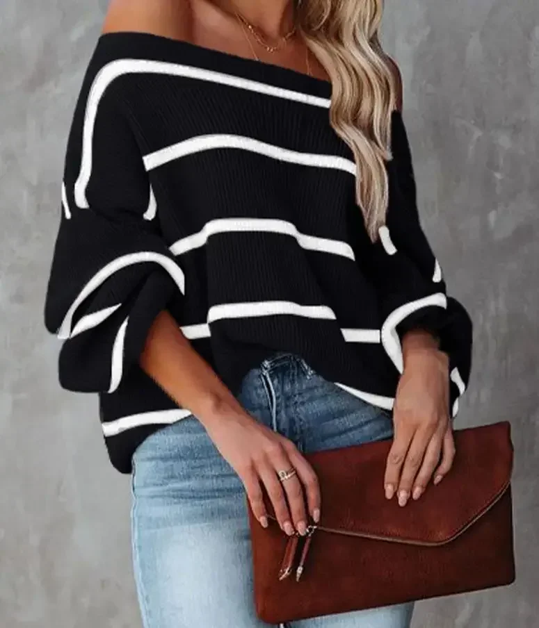 Long sleeved striped sweater sexy off shoulder lantern sleeve pullover - Image 6
