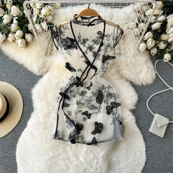 Women's Sexy Slim Hollow Out Butterfly Embroidery Lace Split Dress Suit Mesh Sheer Traditional Embroidered Stripe Cheongsam Set