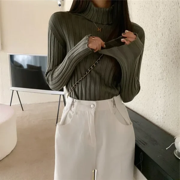 2024 Women Pullover Ribbed Knitted Sweater Autumn Winter Pullovers Turtleneck Long Sleeve Slim Basic Solid Female Sweaters Tops - Image 3