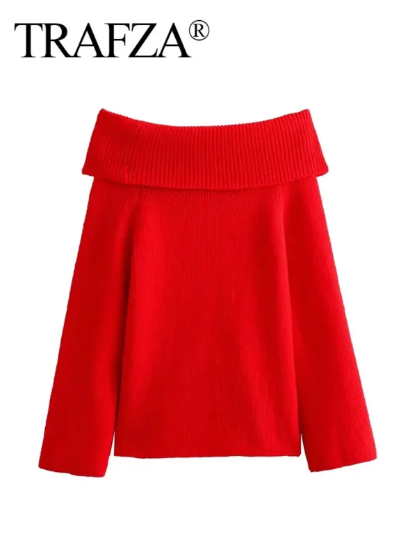 TRAFZA Women Fashion Solid Off Shoulder Sweater Long Sleeve Knitted Pullover Sweater Autumn Female Casual Knitwear Chic Top - Image 2
