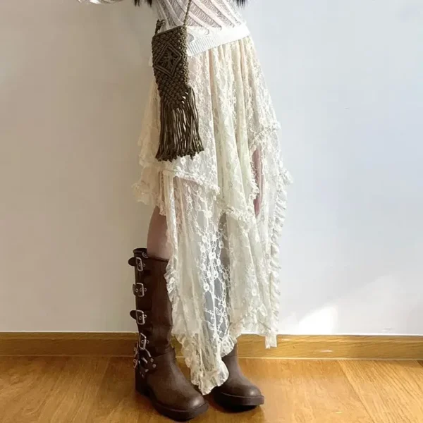 Lace Asymmetrical Skirt Fairycore Women Vintage Y2K Boho Aesthetic Fashion High Waist Mid Skirts Lady Holiday Outfits - Image 6