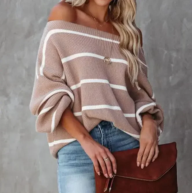 Long sleeved striped sweater sexy off shoulder lantern sleeve pullover