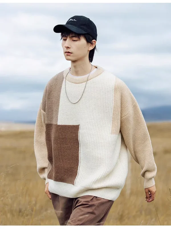 Color blocking lazy style men and women pullover sweater autumn and winter retro loose couple trend personality casual knitted - Image 4
