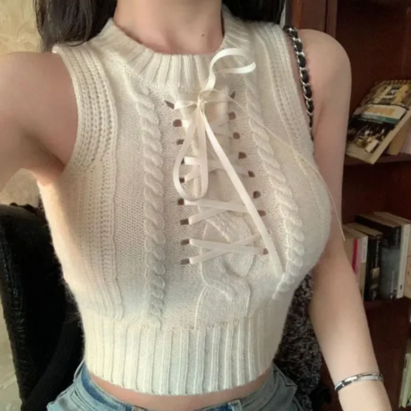 Women Clothes Trend Sexy Lacing Knitting O-neck Sleeveless Pullovers Autumn Fashionable New Hollow Out Skinny Tank Top Sweater