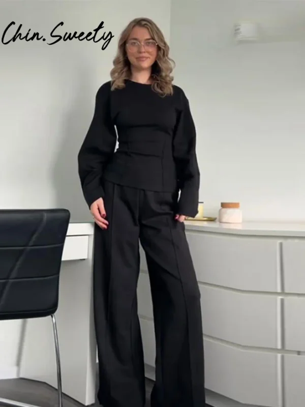 Casual Solid Top Pants Women Set Fashion Long Sleeve O-neck Pleated Tops Wide Leg Trousers 2024 Autumn Vacation Lady Suit