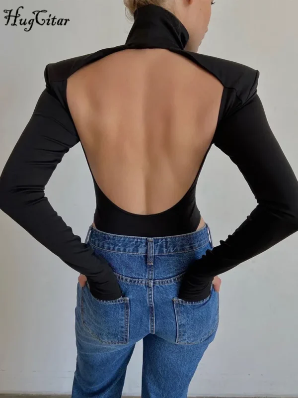 Hugcitar Turtleneck Long Sleeve Black Shoulder Pads Backless Sexy Bodycon Bodysuit Women Fashion Romper Streetwear Nightclub Y2K - Image 2