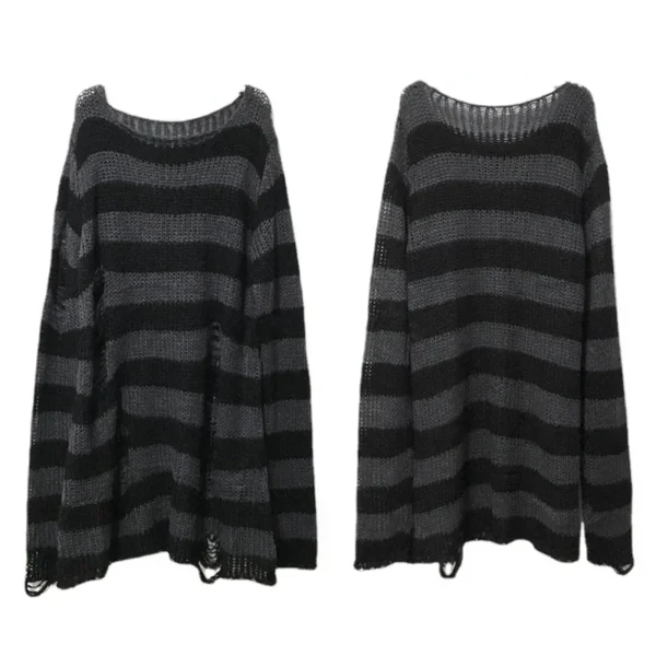 Punk Gothic Long Unisex Sweater Summer Women Striped Cool Hollow Out Hole Broken Jumper Loose Rock Thin Dark Streetwear Top - Image 4
