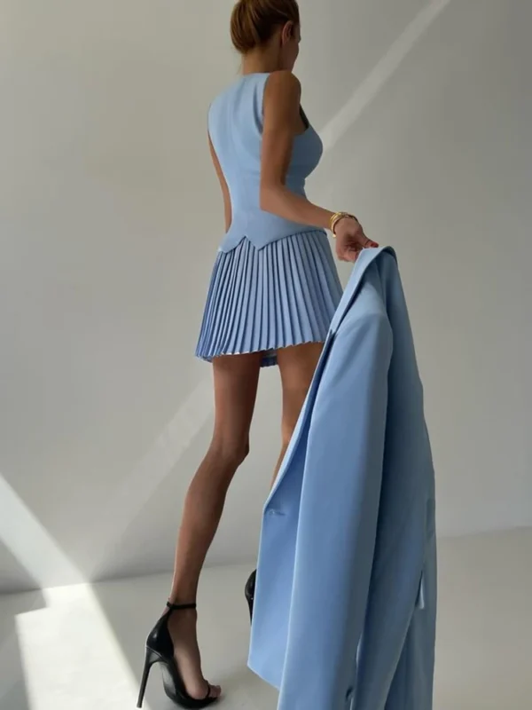 Mozision Fashion Skirt Two Piece Sets Women V Neck Single-breasted Vest Tops And Pleated Mini Skirt Sexy Two Piece Sets Clothes - Image 3
