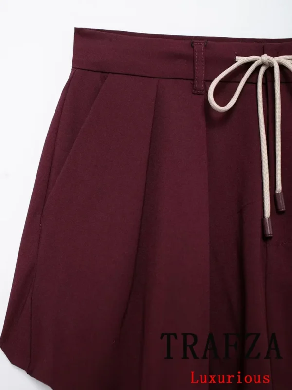 TRAFZA Vintage Casual Chic Bordeaux Red Women Suit Turn-down Collar Zipper Jacket Drawstring Mini Skirt Fashion 2024 Autumn Suit - Image 5