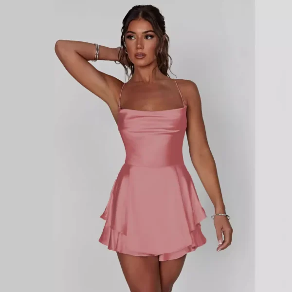 2024 European and American clothing summer sexy fashion new satin backless strap suspender ruffled A-hem dress - Image 2
