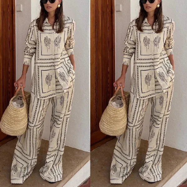 Printed Shirts Two Piece Set Women Long Sleeve Lapel Shirts High Waist Wide Leg Pants Suit For Women Home Wear Outfits Clothing - Image 4