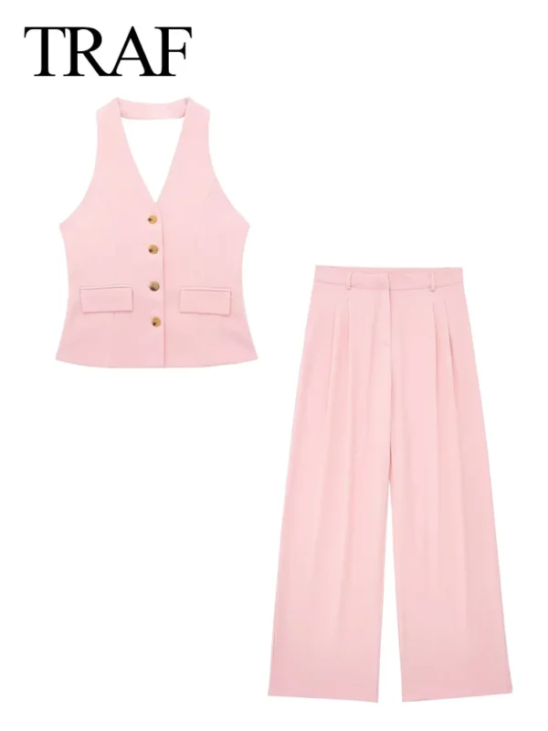 TRAF Women 2 Piece Set Halter Neck Single-Breasted Pocket Sleeveless Halter Vest Tops+High Waist Zipper Pockets Wide Leg Pant - Image 2