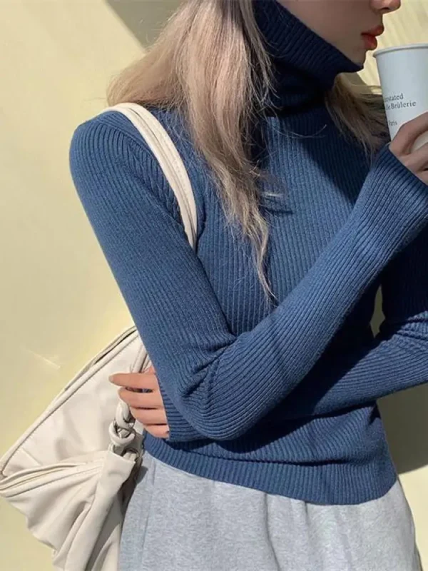 Elegant Solid Basic Knitted Tops Women Turtlneck Sweater Casual Pullover Korean Fashion Simple With Thumb Holes Chic Clothes - Image 2