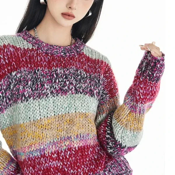 Striped Multi Color Sweater Knitted Crew Neck Jumper Drop Shoulder Rainbow Knitwear Autumn/Winter Woman Clothing - Image 3