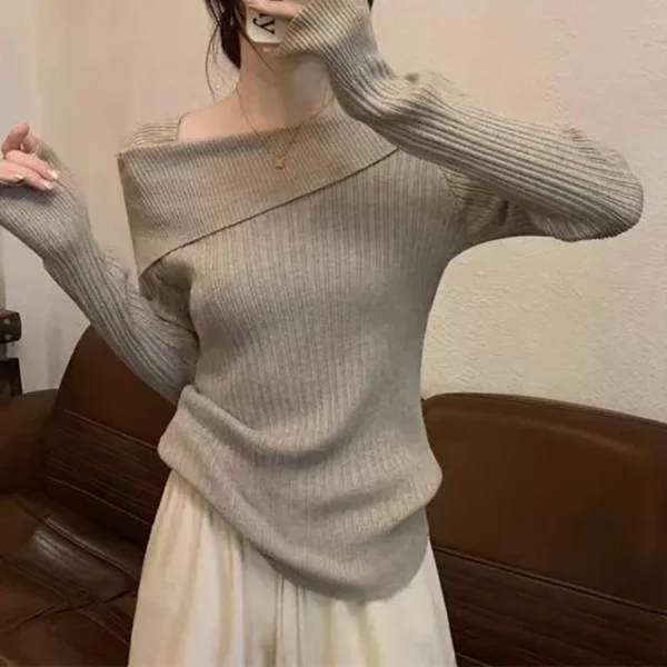 Solid Sexy Slim Off Shoulder Slash Neck Long Sleeve Knitting Sweater Women Jumpers Office Fashion New - Image 4