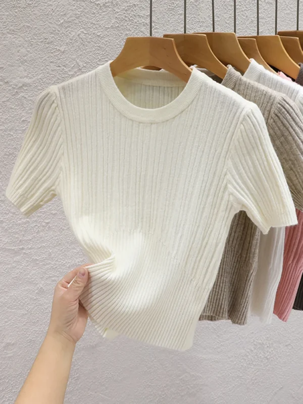 2024 Summer T shirts for Women Casual Female Korean Knit Streetwear Tees Basic Solid Young Cool Tops - Image 3