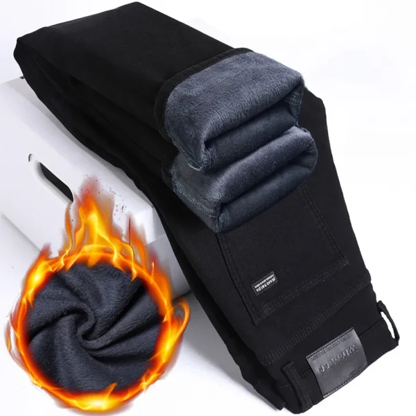 2024 New Winter Pure Black Fleece Thick Warm Jeans Men's loose Straight Elastic Denim Pants classics Casual Plush Trousers - Image 4