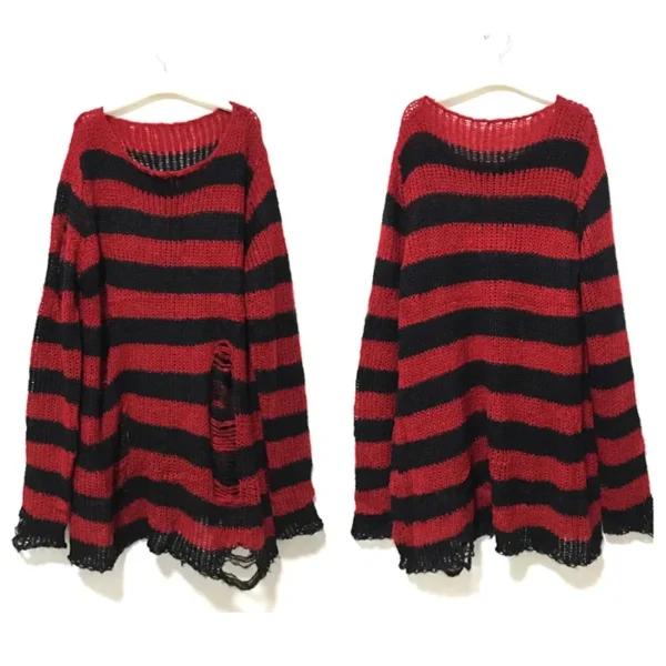 Punk Gothic Stripe Long Sweater For Women Spring Summer Fashion Hollow Out Unisex Jumper Female Street Rock Loose Broken Sweater - Image 2