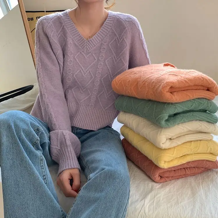 Women Autumn Winter Casual Screw Thread Solid Color Knitting Women Clothes All-match V-neck Loose Pullover Long Sleeve Sweater - Image 2