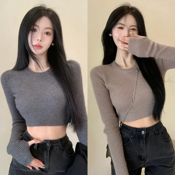 Women's Sweater Base Sweater Versatile Round Neck Knit Sweater Slim Fitting Short Top Sweater