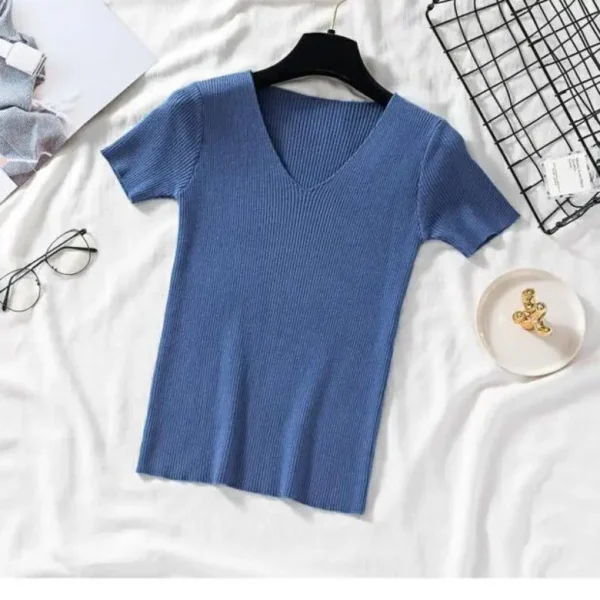 2024 Basic V-neck Solid Thin Summer Women Pullover Female Knitted Ribbed Sweater Slim Short Sleeve Bodycon Sweater - Image 6
