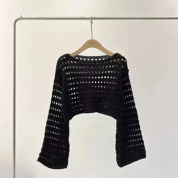 Fishnet Crochet Top Long Sleeve Crop Pullover Women Summer Cover Up Open-knit Blouse Y2K Grunge Outfit - Image 3