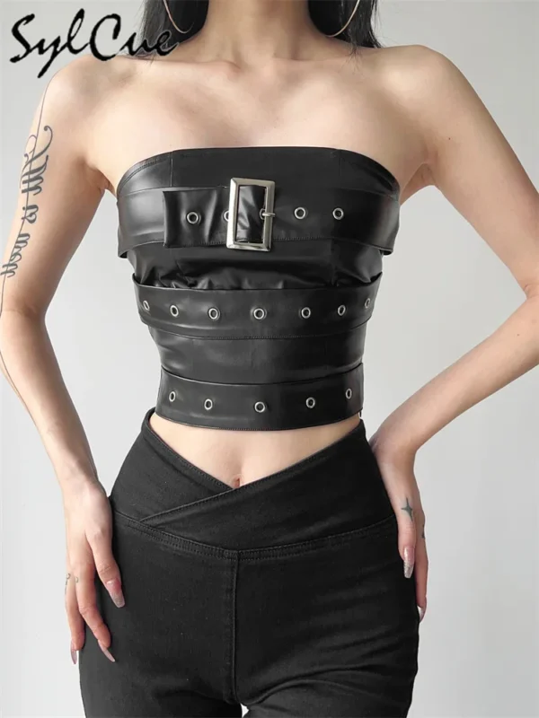 Sylcue Classic Retro Matte Black Mysterious Sexy All-Match Personality Fashionable Summer Travel Cool Women Belt Chest Wrap Vest - Image 6