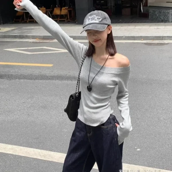 Sexy Pullovers Women Off Shoulder Cropped Knitted Basic Clothes Autumn All-match Side Slit Simple Tender Slim Gentle Seductive - Image 4