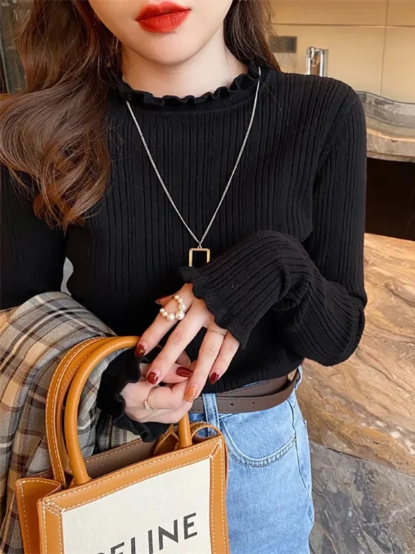 2024 Elegant Solid Basic Knitted Tops Women Turtlneck Sweater Casual Slim Pullover Korean Fashion Simple Chic Ruched Clothes - Image 4