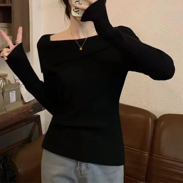 Solid Sexy Slim Off Shoulder Slash Neck Long Sleeve Knitting Sweater Women Jumpers Office Fashion New - Image 5