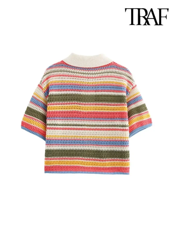 TRAF-Women's Striped Crochet Knit Crop Sweater, Polo Collar, Short Sleeve, Button-up, Female Outerwear, Chic Tops, Fashion - Image 2