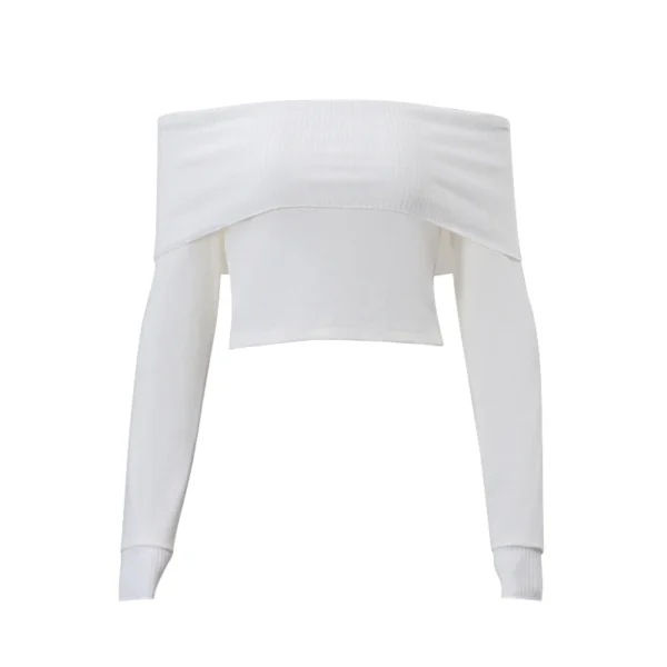 WhereMery Elegant Slash-neck Ribbed Solid Crop Tops Autumn Y2K Skinny Off Shoulder Long Sleeve Camis French Gentle Tight T-shirt - Image 3