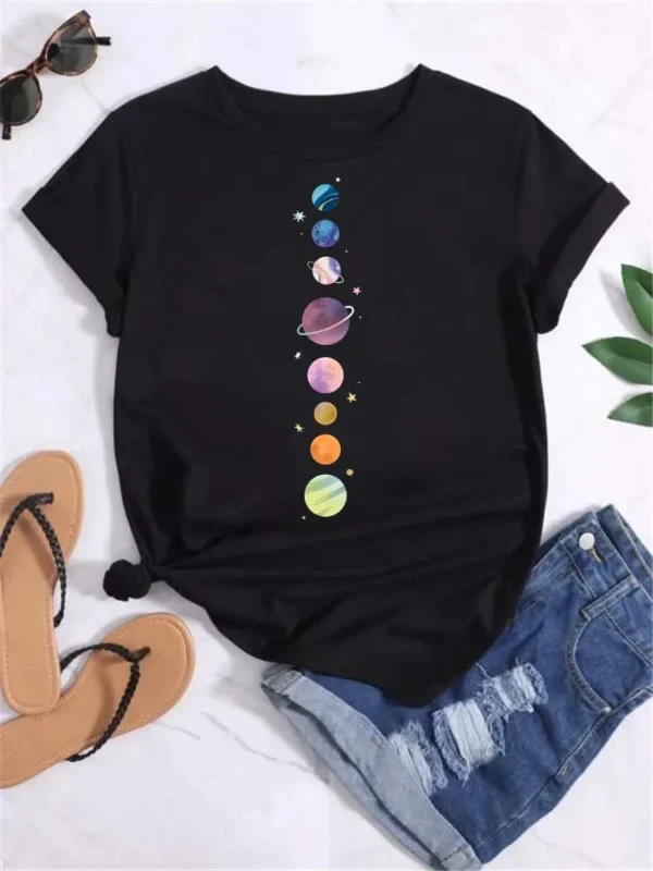 Maycaur T Shirt Women Moon Planet Print Fashion Tee Shirts Casual Round Neck Short Sleeve Streetwear Female T-Shirt Vintage Tops