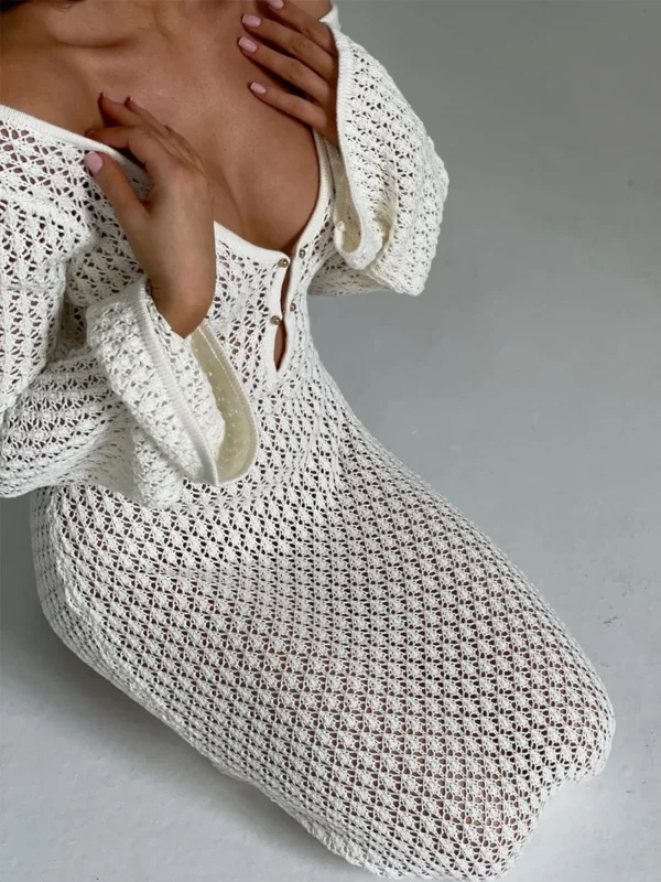 Sexy Women White Long Knit Sleeve Bikin Fashion Cover up Female See-Through Deep V-Neck Hollow-Out Beach Knitwear Backless Dress - Image 3