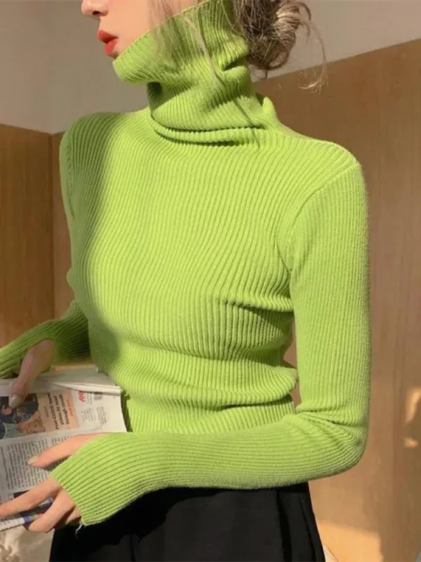 Elegant Solid Basic Knitted Tops Women Turtlneck Sweater Casual Pullover Korean Fashion Simple With Thumb Holes Chic Clothes - Image 4