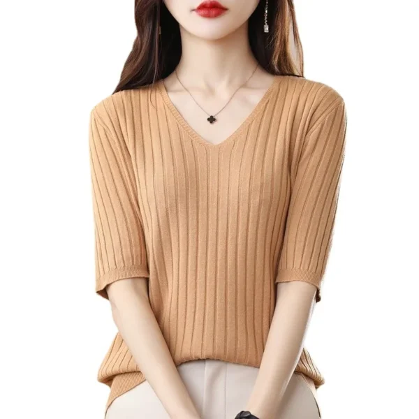 2023 New Spring Summer New Women's V-neck Short-Sleeved Exquisite Cashmere Knitted Sweater Pullover Solid Color - Image 5