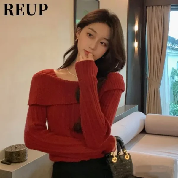 Slash Neck Slim Knitting Pullovers Women Autumn Winter Sexy Off Shoulder Solid Color Sweater Fashion All-match Knitwear Tops