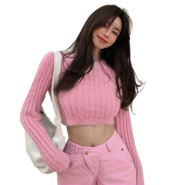 Women's Plush Round Neck Long Sleeve Short Section Pullover Sweater Slim Showing Waistline Knit Sweater Tops