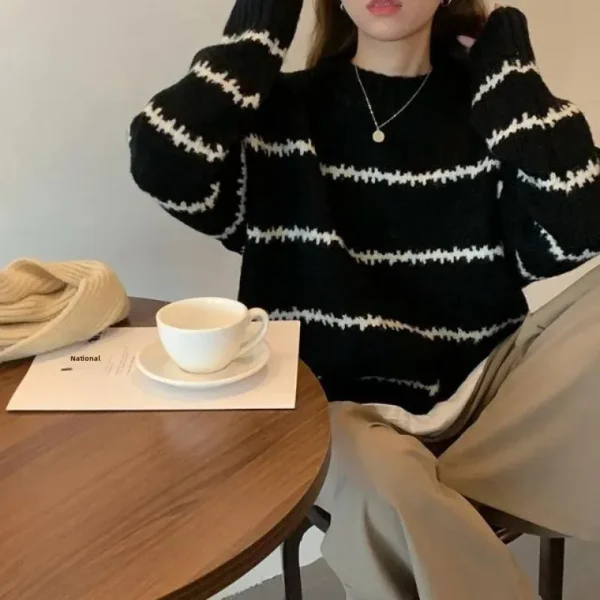 Vintage Japanese Style Loose Fit Sweater Women's Thickened Autumn/Winter New Long Sleeve Striped Half Polo/Turtle Neck Knitted T - Image 2