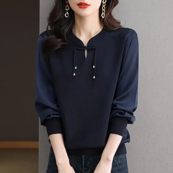 Fashion Chinese Style Buttons V-neck Chiffon Pullovers Spring Autumn 2025 New Loose Knitting Patchwork Top Tee Women Clothes - Image 2