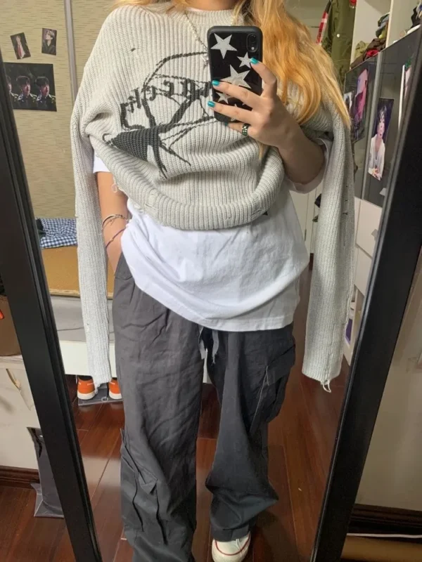 Milang girl Spider Print Harajuku Sweater Women Gothic Vintage Ripped Grunge Jumper Streetwear Korean Oversize Hiphop Pullover - Image 6